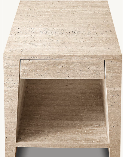 Luxury Beige Travertine Square Side Table with Integrated Drawer & Open Shelf 22×24in