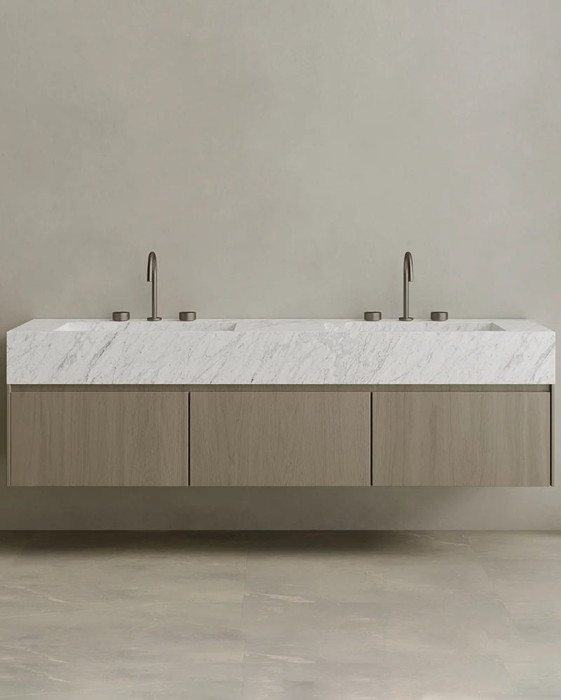 Floating Double Sink Bathroom Vanity with Natural Stone Countertop & Three Large Storage Drawers 210cm