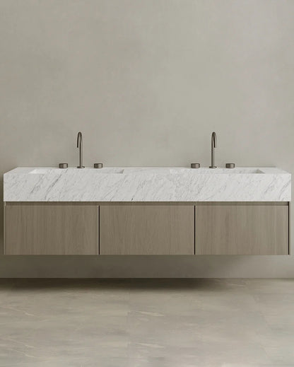 Floating Double Sink Bathroom Vanity with Natural Stone Countertop & Three Large Storage Drawers 210cm