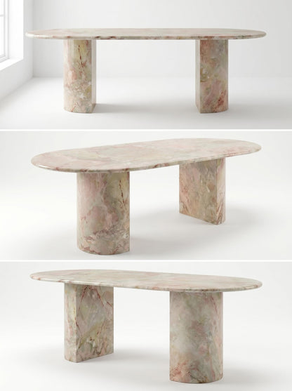 Natural Luxury Stone Oval Dining Table, One-Piece Solid Slab Cut, Unique Pink-Green Natural Veining, Sturdy Double Pedestal Base for Home Dining & Gatherings
