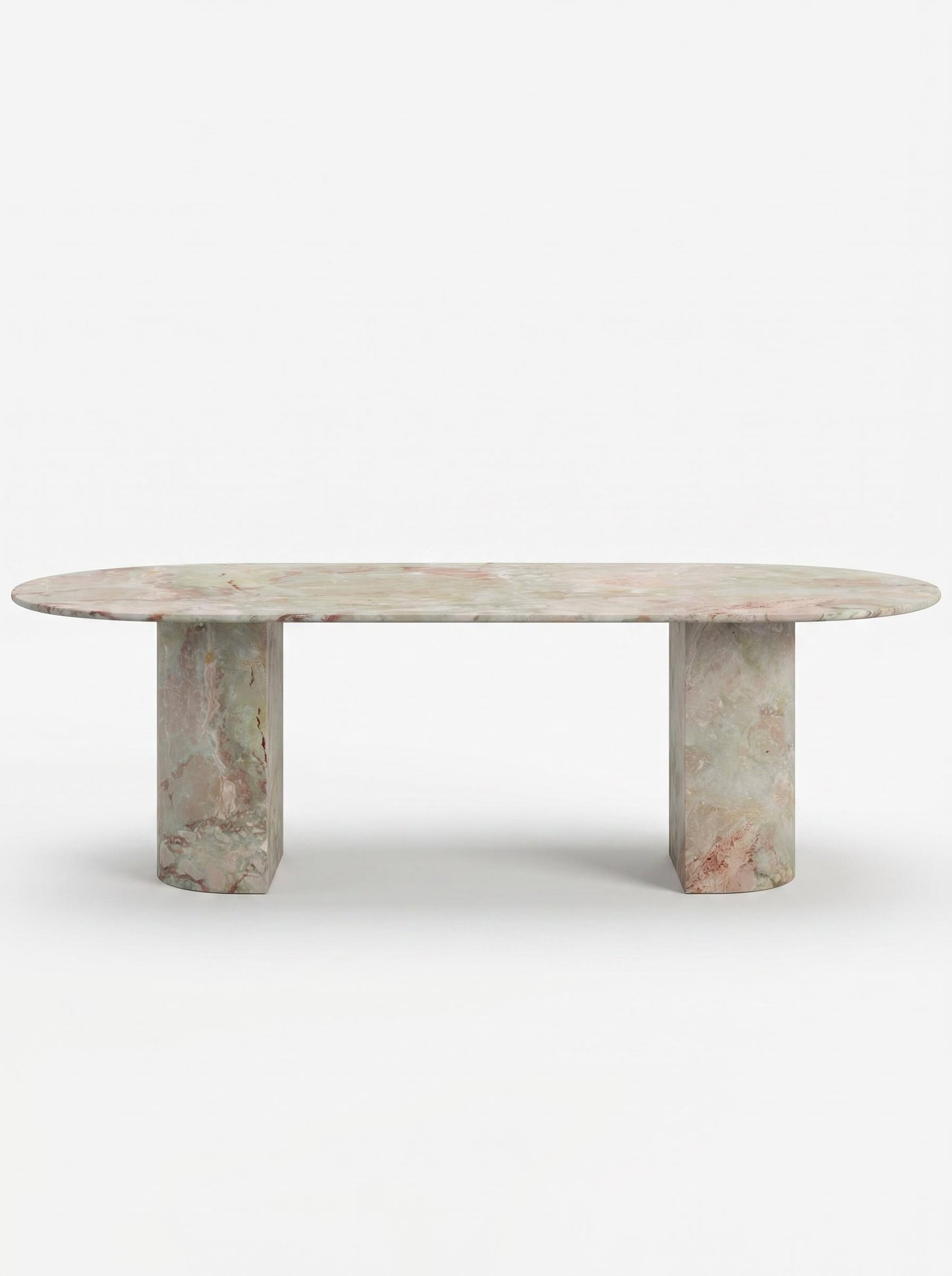 Natural Luxury Stone Oval Dining Table, One-Piece Solid Slab Cut, Unique Pink-Green Natural Veining, Sturdy Double Pedestal Base for Home Dining & Gatherings