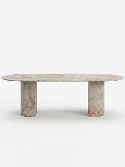 Natural Luxury Stone Oval Dining Table, One-Piece Solid Slab Cut, Unique Pink-Green Natural Veining, Sturdy Double Pedestal Base for Home Dining & Gatherings