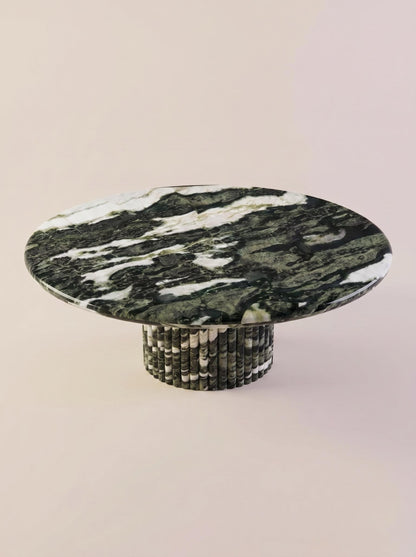 Luxury Green Forest Marble Petal Base Round Coffee Table | Sculptural Natural Stone Center Table