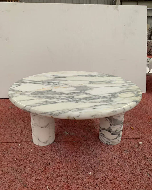 Arabescato Marble Round Coffee Table - Cylinder Base