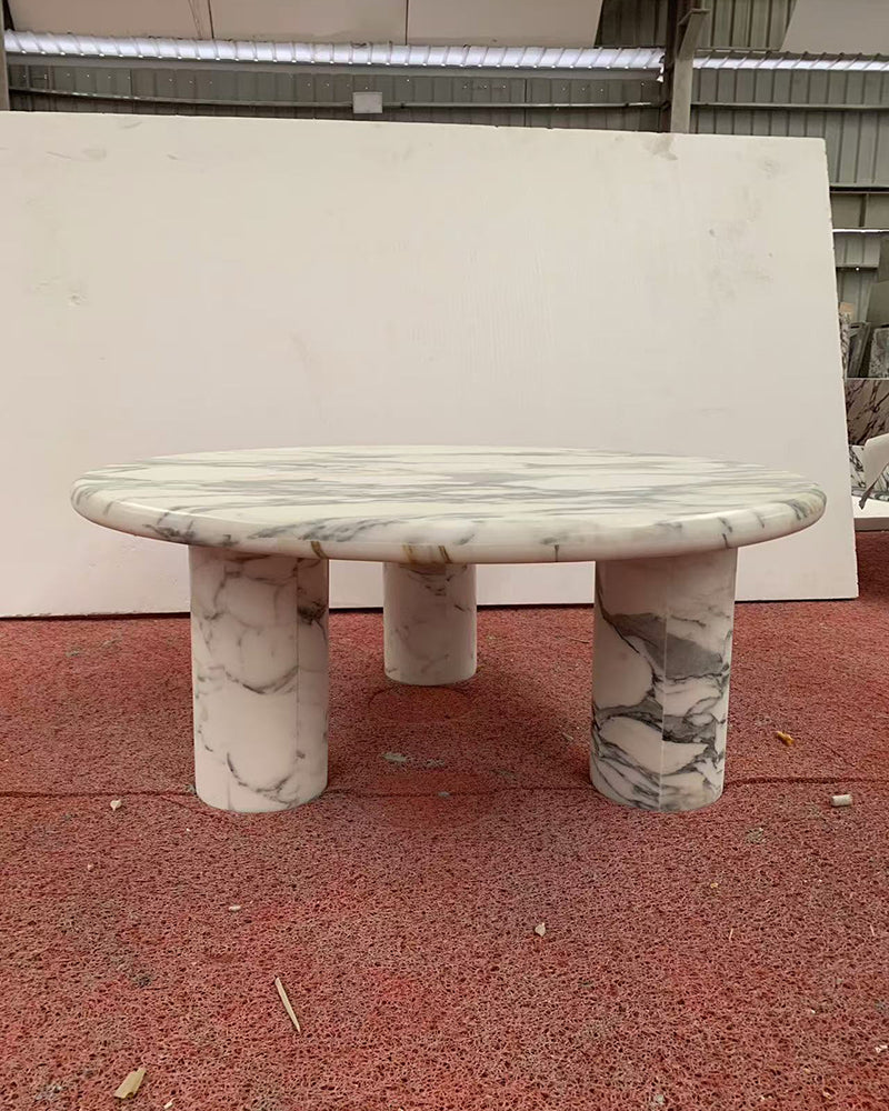 Arabescato Marble Round Coffee Table - Cylinder Base
