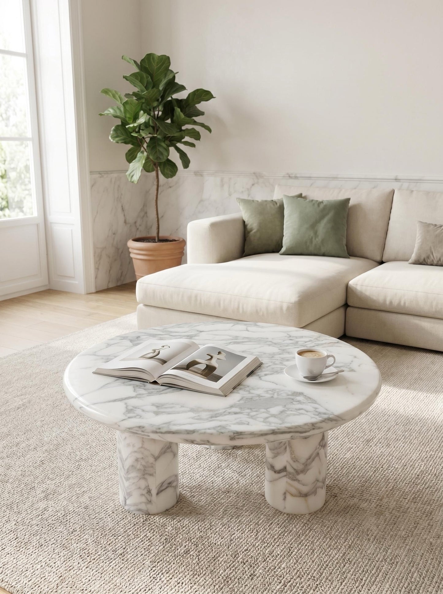 Natural Marble Round Coffee Table - Cylinder Base