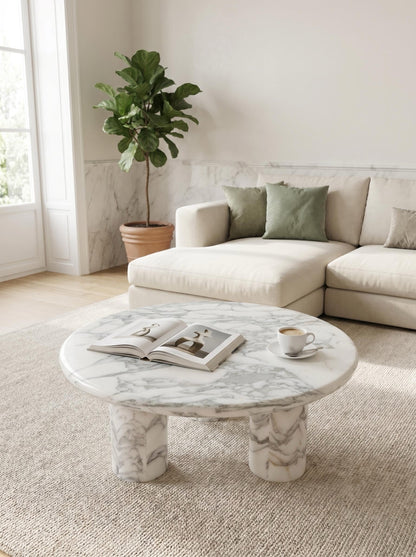 Natural Marble Round Coffee Table - Cylinder Base