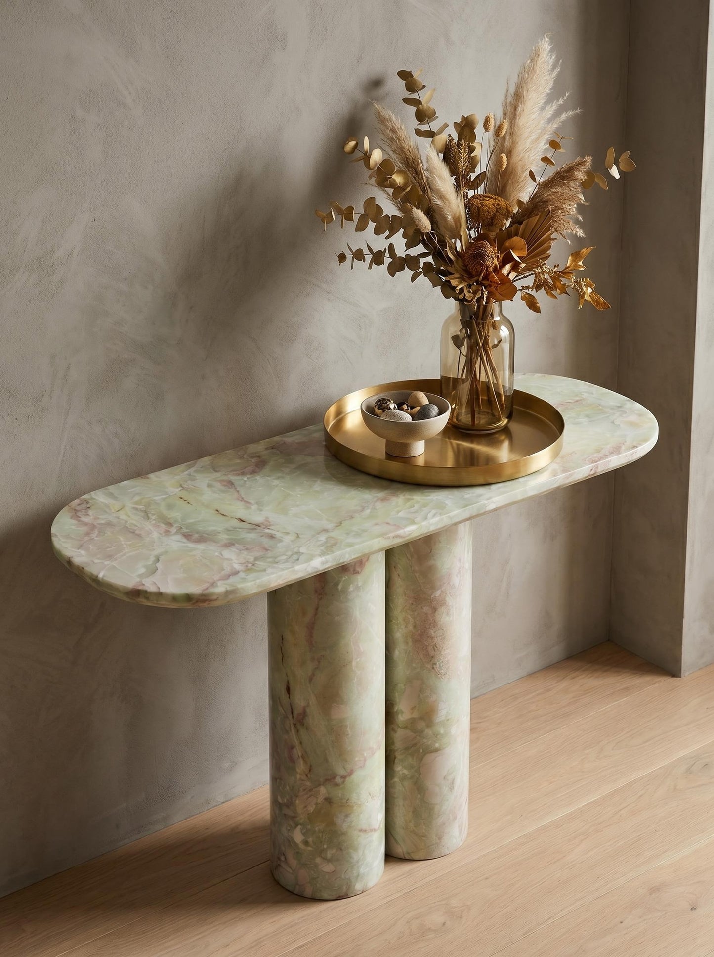Light Green Natural Marble Double Column Oval Console Table, Luxury Entryway Accent Table for Home Decor