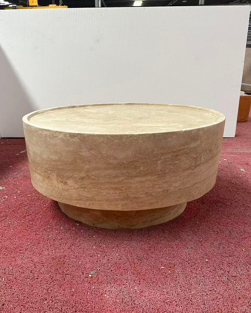 Beige Travertine Block Round Coffee Table