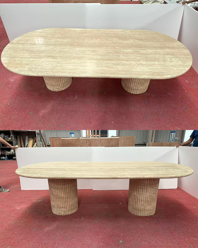 Beige Travertine Dining Table with Petal Base