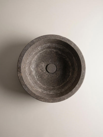 Luxury Silver Travertine Round Vessel Sink with Natural Stone Texture 43.2cm