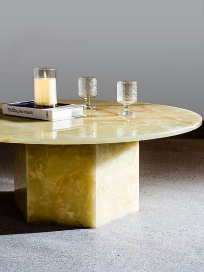 Luxury Green Onyx Round Coffee Table with Hexagonal Base | Natural Stone Marble Coffee Table