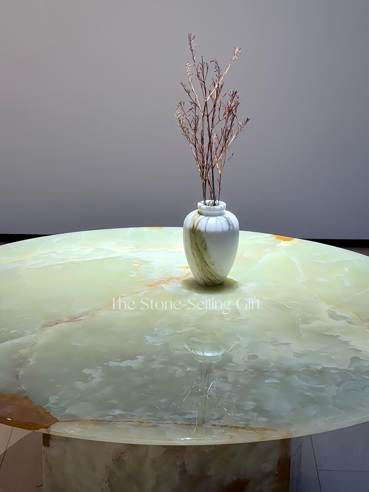 Luxury Green Onyx Round Coffee Table with Hexagonal Base | Natural Stone Marble Coffee Table