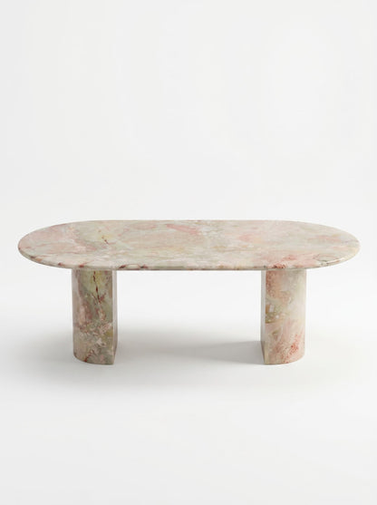 Natural Luxury Stone Oval Dining Table, One-Piece Solid Slab Cut, Unique Pink-Green Natural Veining, Sturdy Double Pedestal Base for Home Dining & Gatherings