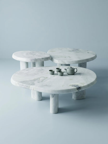 Luxury Green Forest Marble Nesting Coffee Table Set with Three Organic Sculptural Pieces