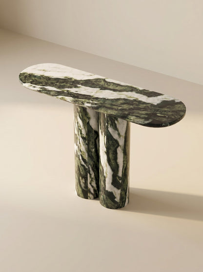 Green Forest Marble Console Table with Oval Shape Top and Double Cylinder Legs