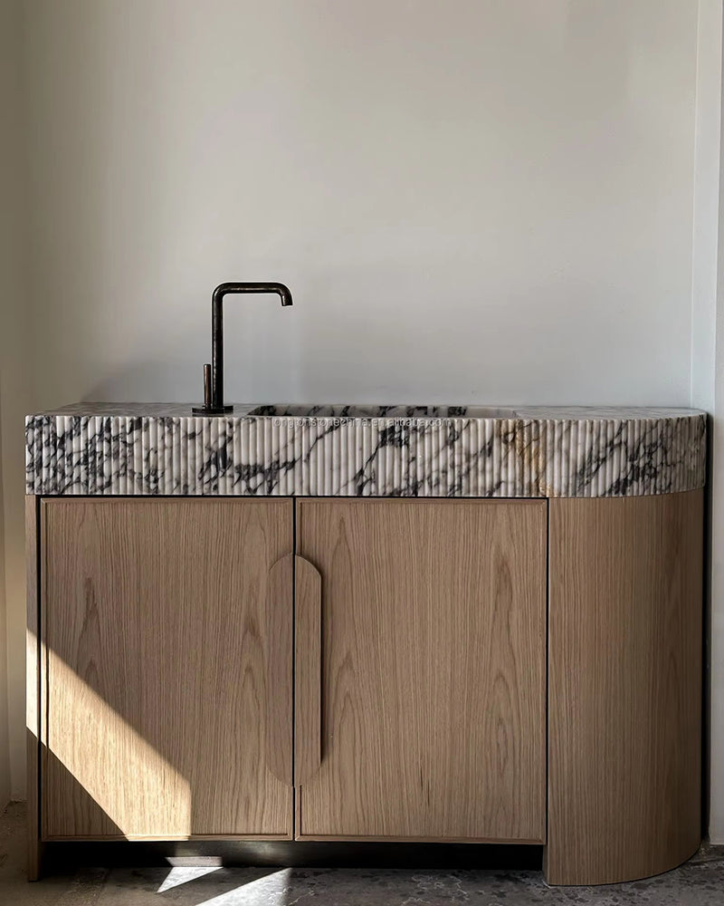 Calacatta Viola Marble Integrated Sink Vanity with Petal Edge Top & Curved Wood Cabinet 91.4×55.8×91.4cm
