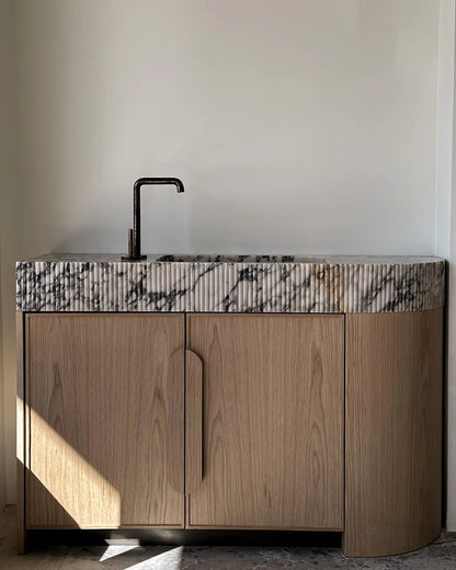 Calacatta Viola Marble Integrated Sink Vanity with Petal Edge Top & Curved Wood Cabinet 91.4×55.8×91.4cm