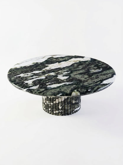 Luxury Green Forest Marble Petal Base Round Coffee Table | Sculptural Natural Stone Center Table