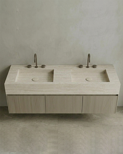 Floating Double Sink Bathroom Vanity with Natural Stone Countertop & Three Large Storage Drawers 210cm