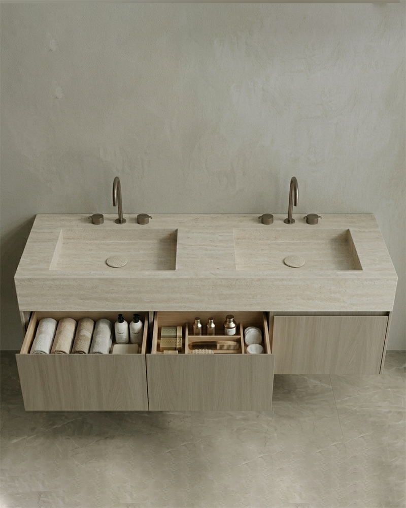Floating Double Sink Bathroom Vanity with Natural Stone Countertop & Three Large Storage Drawers 210cm