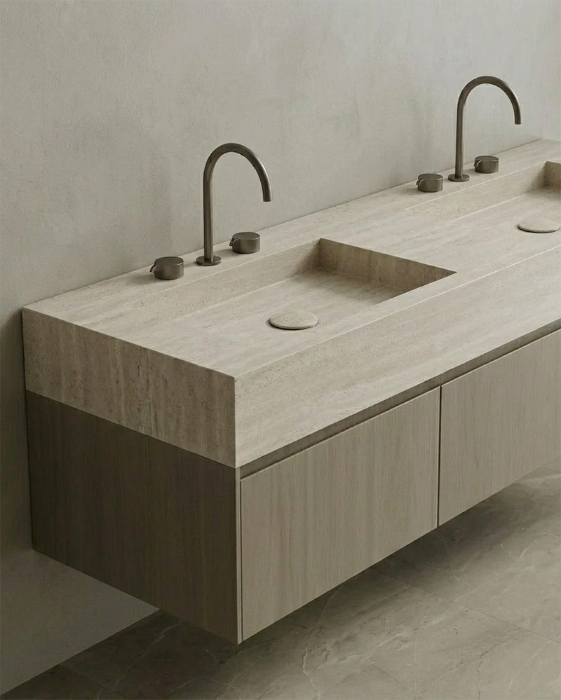 Floating Double Sink Bathroom Vanity with Natural Stone Countertop & Three Large Storage Drawers 210cm