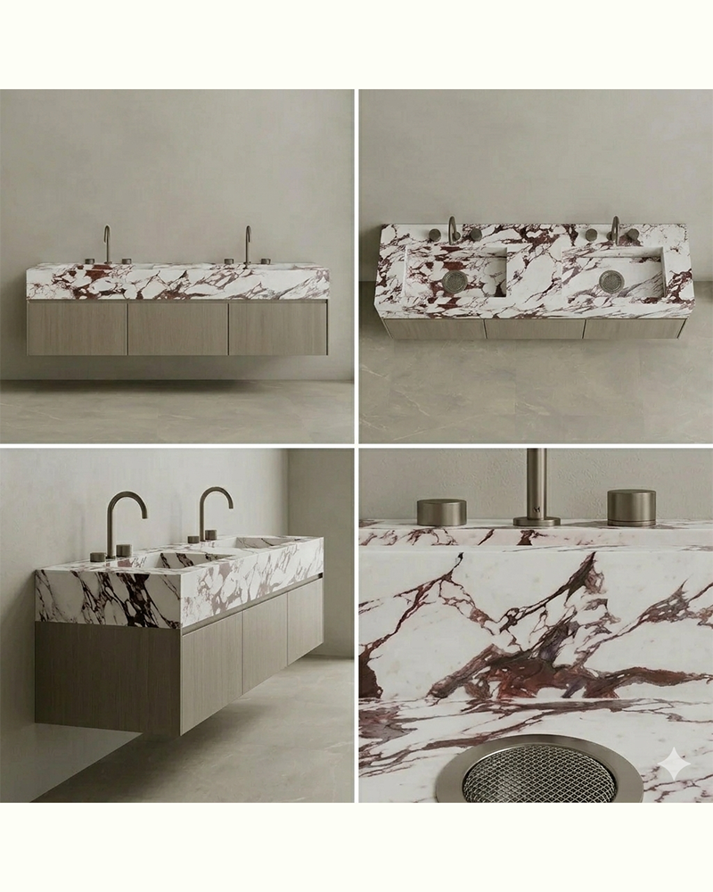 Floating Double Sink Bathroom Vanity with Natural Stone Countertop & Three Large Storage Drawers 210cm