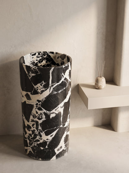 Grand Antique Marble Cylindrical Integrated Bathroom Sink | Solid Natural Stone Vanity Basin