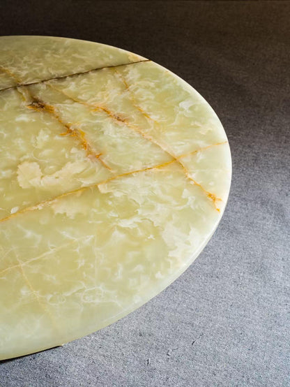 Luxury Green Onyx Round Coffee Table with Hexagonal Base | Natural Stone Marble Coffee Table