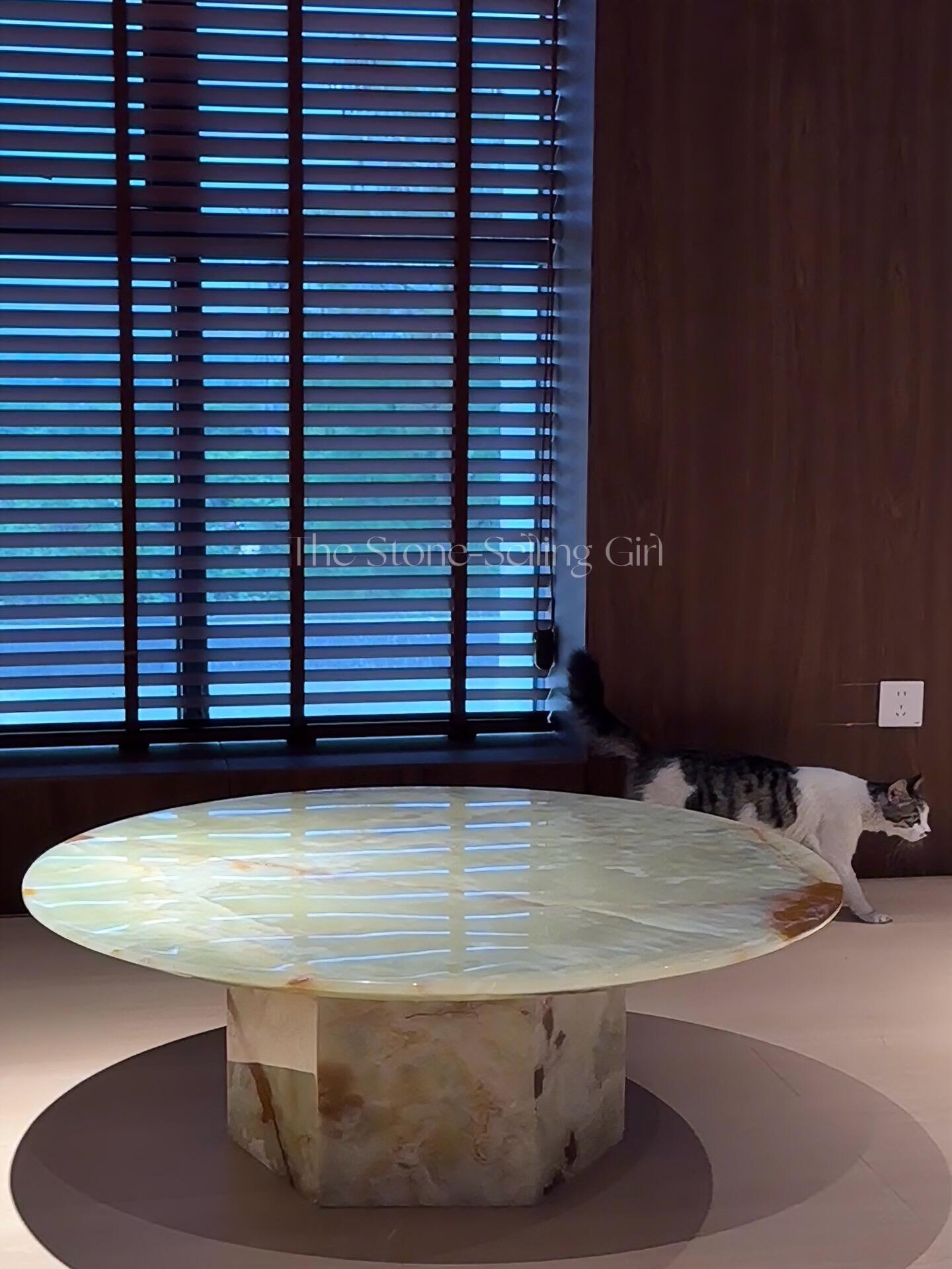 Luxury Green Onyx Round Coffee Table with Hexagonal Base | Natural Stone Marble Coffee Table