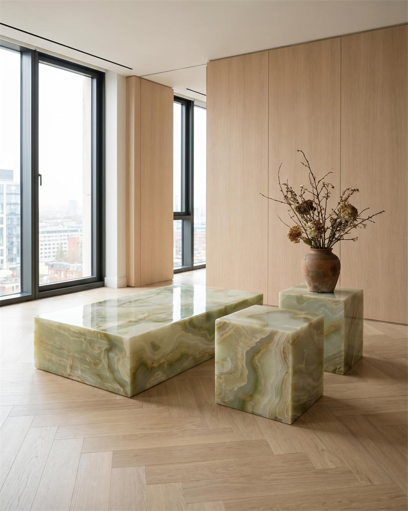 Natural Marble Green Onyx Plinth Coffee Table