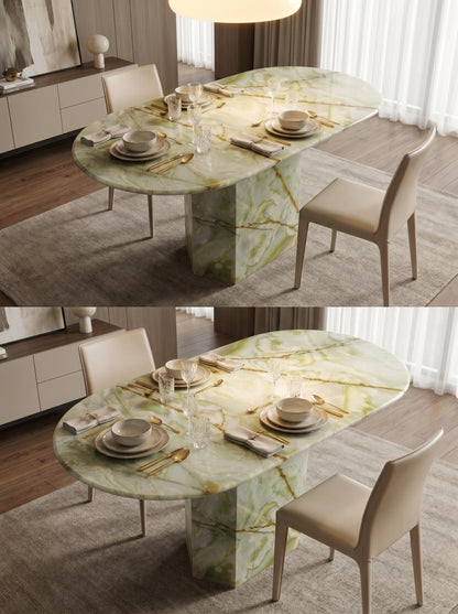 Luxury Green Onyx Oval Dining Table with Sculptural Hexagonal Base