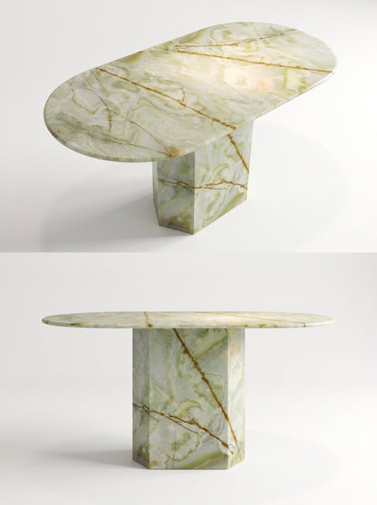 Luxury Green Onyx Oval Dining Table with Sculptural Hexagonal Base