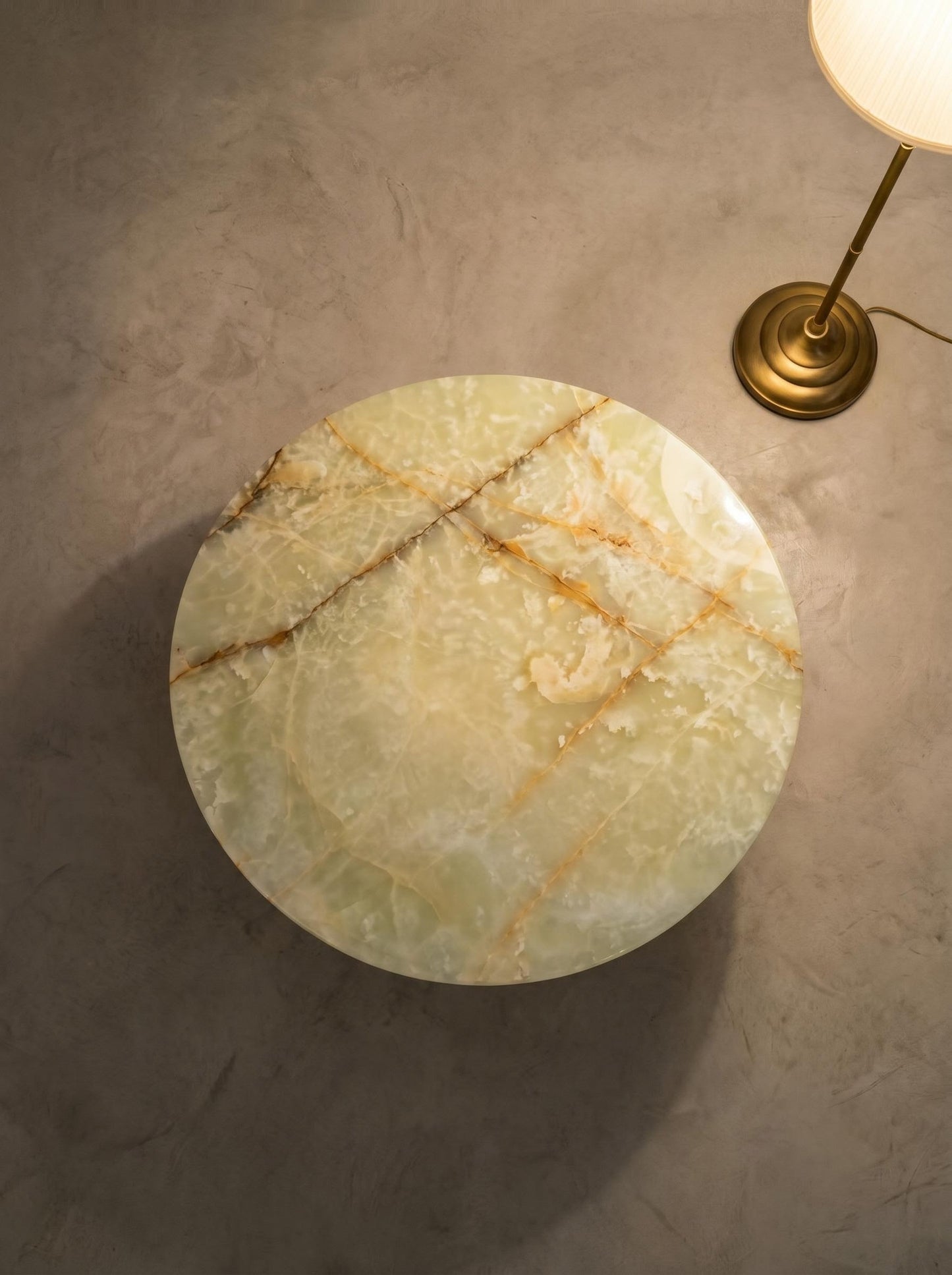 Luxury Green Onyx Round Coffee Table with Hexagonal Base | Natural Stone Marble Coffee Table