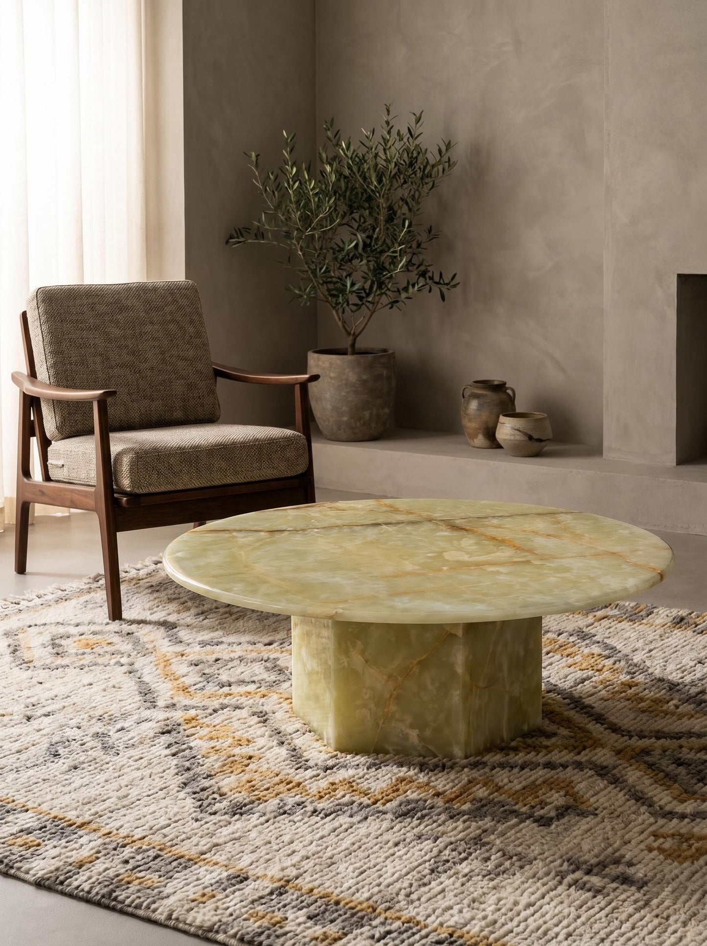 Luxury Green Onyx Round Coffee Table with Hexagonal Base | Natural Stone Marble Coffee Table