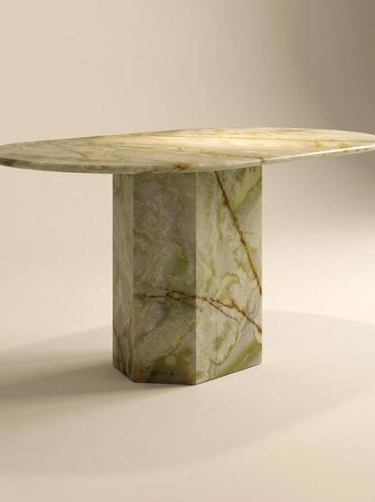 Luxury Green Onyx Oval Dining Table with Sculptural Hexagonal Base