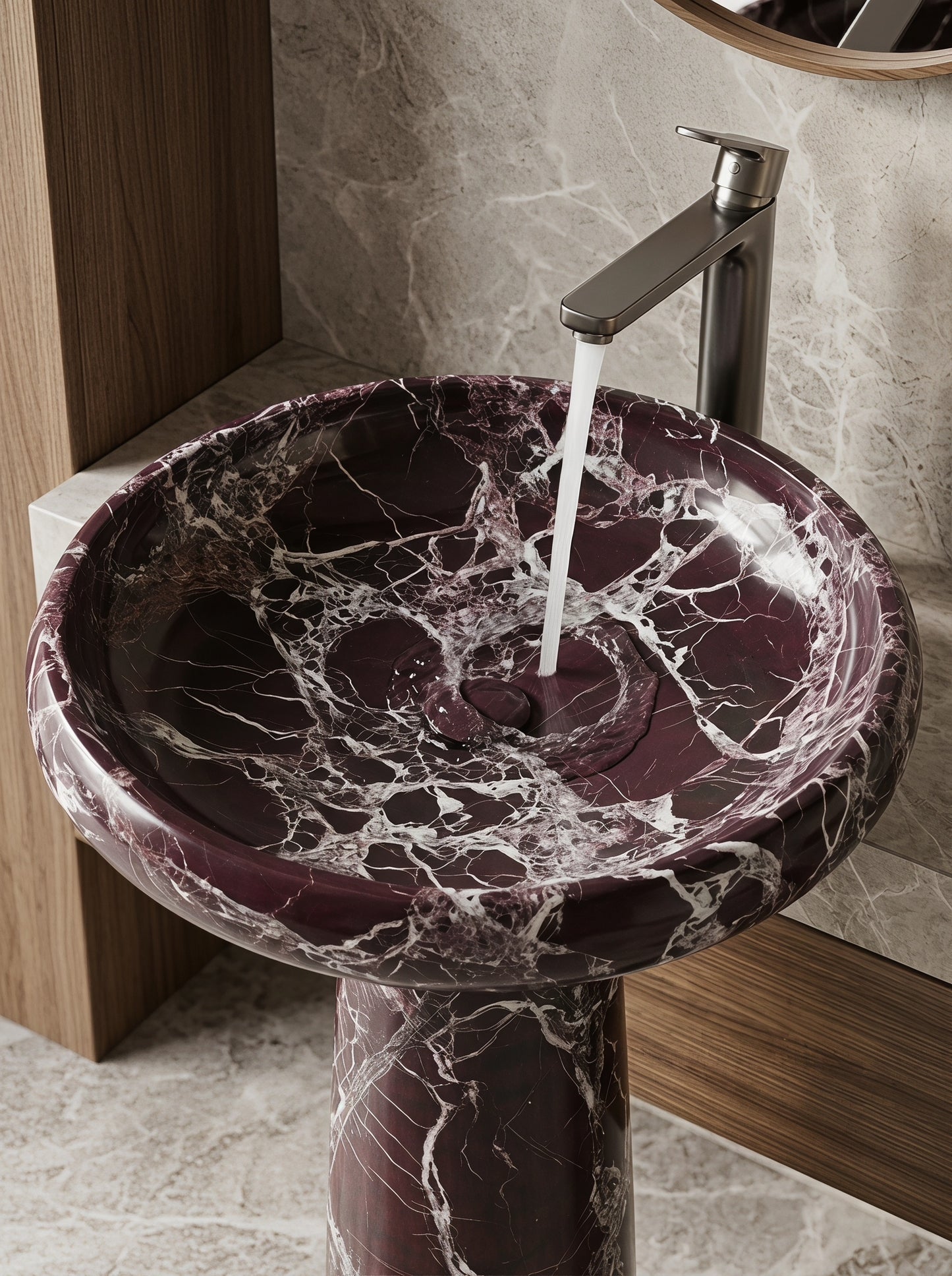 Luxury Rosso Levanto Marble Freestanding Integrated Sink | Round Basin with Sculptural Pedestal