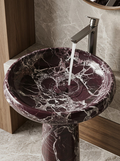 Luxury Rosso Levanto Marble Freestanding Integrated Sink | Round Basin with Sculptural Pedestal