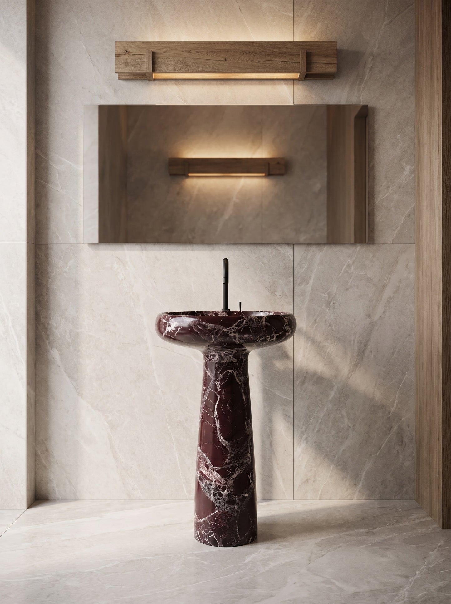 Luxury Rosso Levanto Marble Freestanding Integrated Sink | Round Basin with Sculptural Pedestal