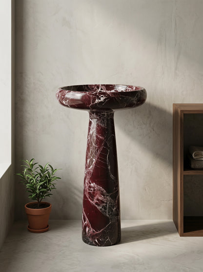 Luxury Rosso Levanto Marble Freestanding Integrated Sink | Round Basin with Sculptural Pedestal