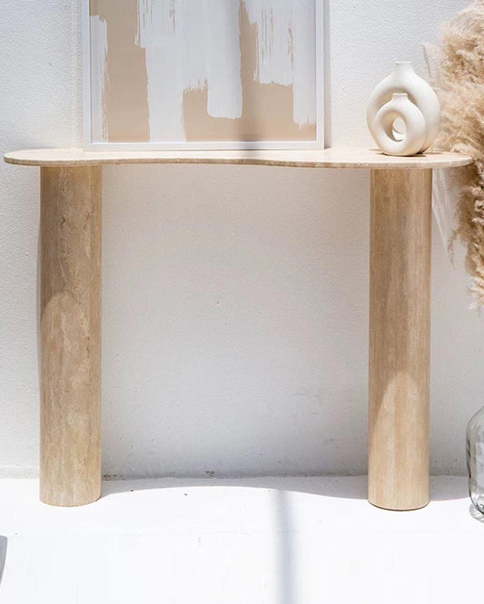 Natural Beige Travertine Wave Console Table -  Block Base