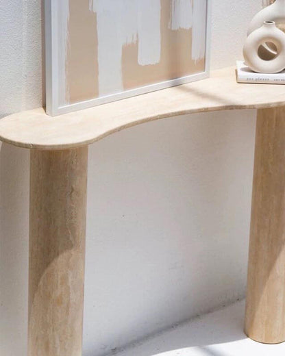 Natural Beige Travertine Wave Console Table -  Block Base