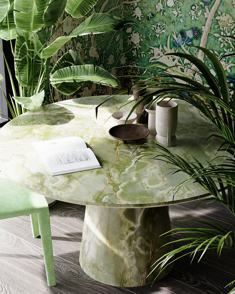 Natural Green Onyx Round Dining Table with Conical Base