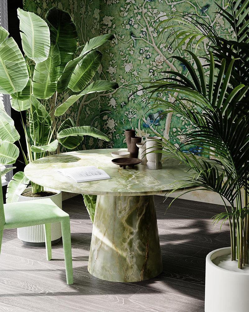Natural Green Onyx Round Dining Table with Conical Base
