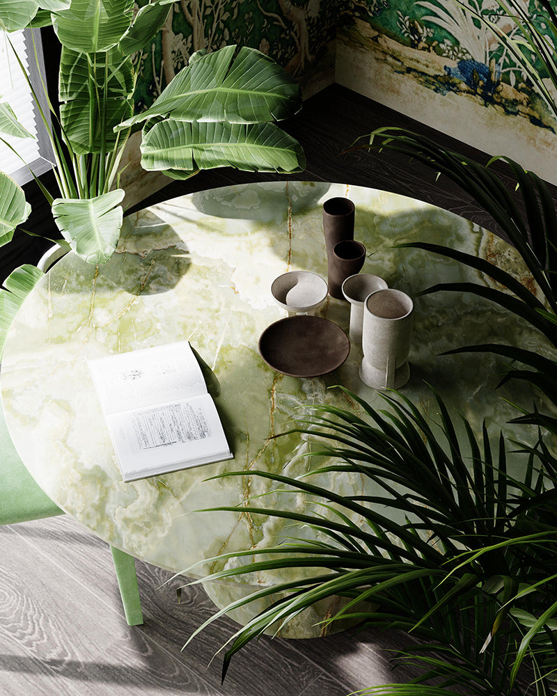 Natural Green Onyx Round Dining Table with Conical Base