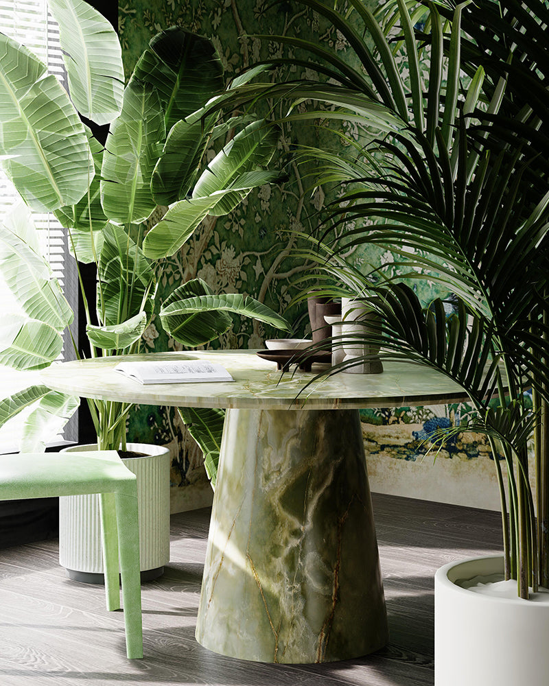 Natural Green Onyx Round Dining Table with Conical Base