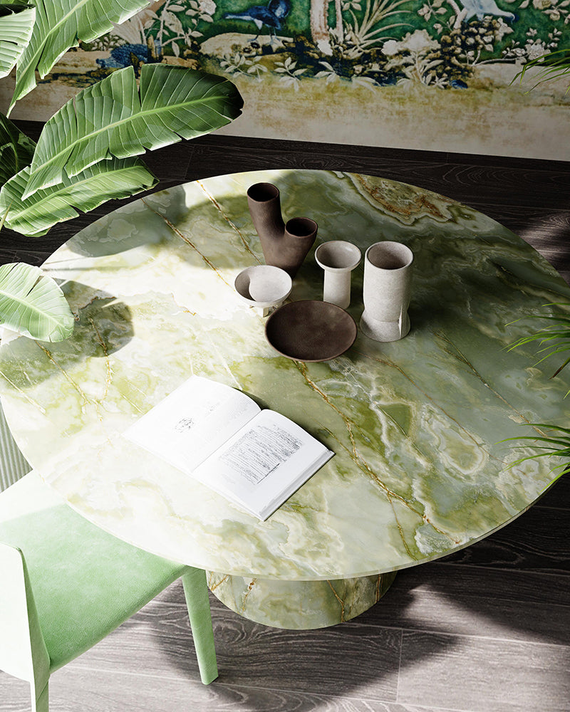 Natural Green Onyx Round Dining Table with Conical Base