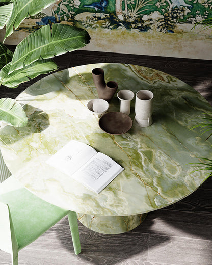 Natural Green Onyx Round Dining Table with Conical Base
