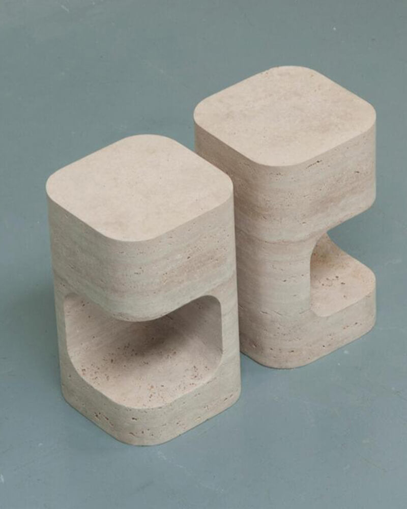 Natural Marble Beige Travertine Block Side Table