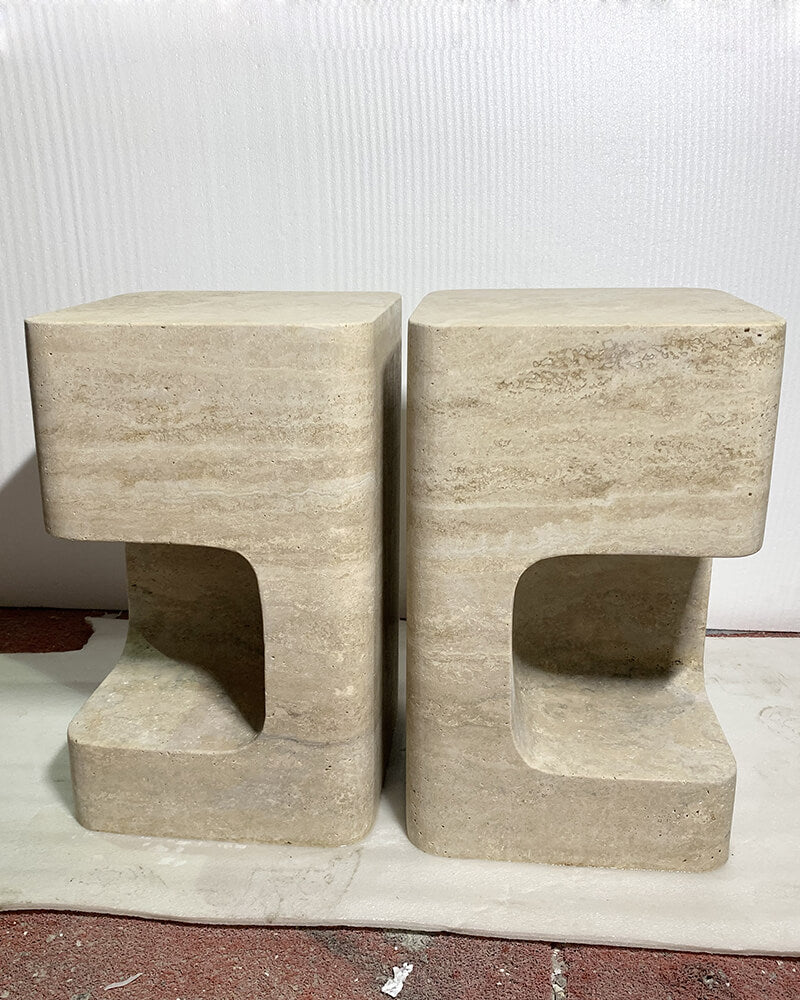 Natural Marble Beige Travertine Block Side Table